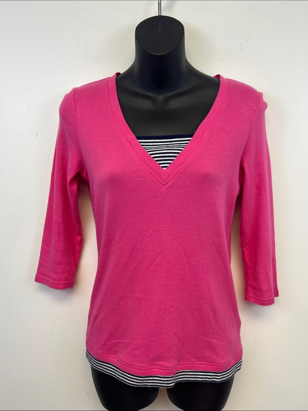 Lauren Ralph Lauren Petite Green Tag Hot Pink Top with Navy & White Stripes Sz S